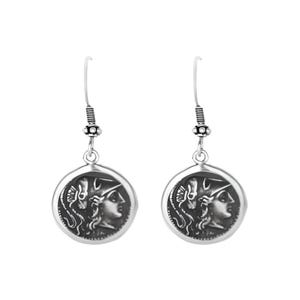 Greek Goddess Athena Dangle Earrings, Silver Coin Design, Antique Style