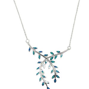Blue Opal Olive Branches Necklace, Silver 925, Nature-Inspired Design, Minimalist Silver Opal Necklace, Gift for her, Olive Tree Jewelry
