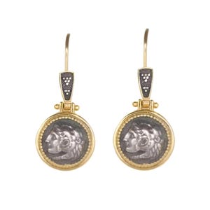 Hercules Coin Dangle Earrings, Silver Gold Plated, Greek Mythology