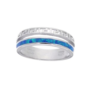 Silver Greek Key Ring with Blue Opal Inlay, Meander Pattern