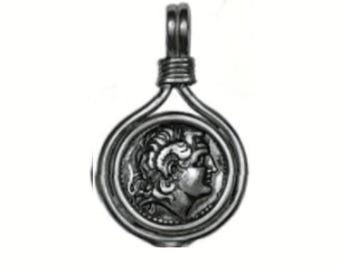 Colgante de moneda de Alejandro Magno, plata de ley de la antigua Grecia
