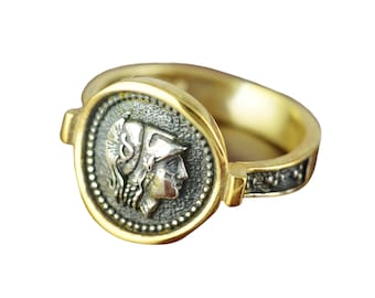 Goddess Athena Signet Ring, Sterling Silver Gold Plated, Greek Mythology Design