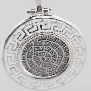Elegant Phaistos Disc Necklace - Handcrafted Silver Symbol of History, Phaistos Disc silver pendant, Phaistos Disc necklace