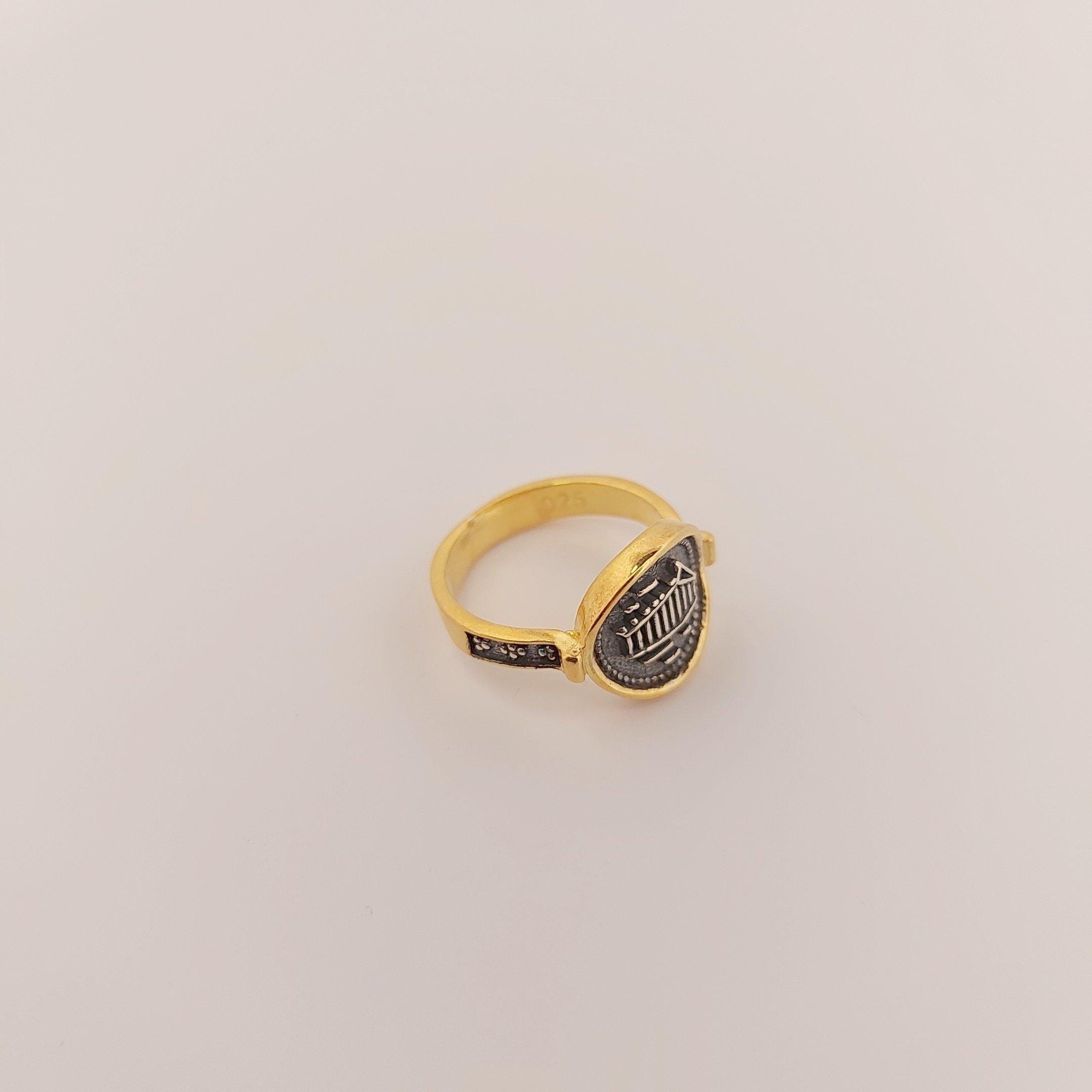 Bague Plaque Or Argent - Design Architectural Grec Vintage - Taille 6 - Faite Main En Grèce