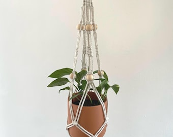 Handmade Macrame Plant Hanger with Wooden Beads | Boho Indoor Plant Holder