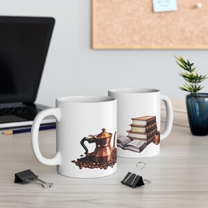May include: Two white ceramic mugs with a coffee pot and coffee beans on one mug and a stack of books on the other mug.