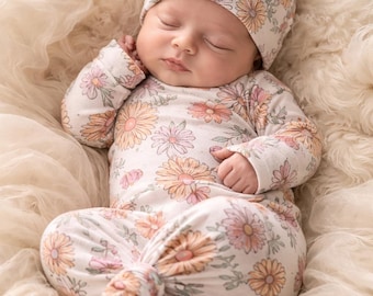 Newborn Knotted Gown with Hat, Floral Baby Girl Outfit, Coming Home Set, Newborn Photography Outfit