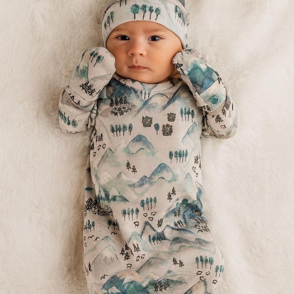 Mountains Baby Gown Set: Hiking Trails, Gender Neutral, Made in USA, toddler pajamas, baby romper