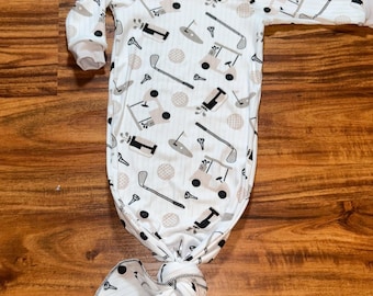 Golf Themed Newborn Gown: Soft Knotted Baby Outfit - Made in USA