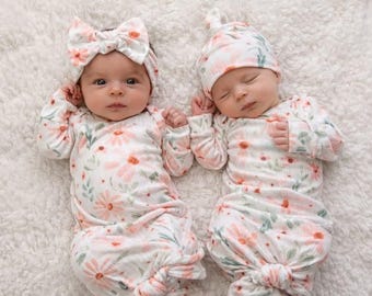 Newborn Knotted Gown & Headband Set – Floral Baby Girl Outfit, Hospital Coming Home, Photo Shoot Prop