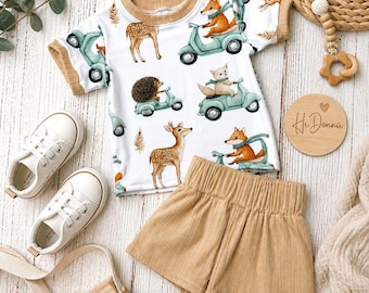 Skogsdjursoutfit för småbarn – Sommarset med räv och hjort för pojke eller flicka | Boutique-outfit med skjorta och shorts | Neutrala babykläder