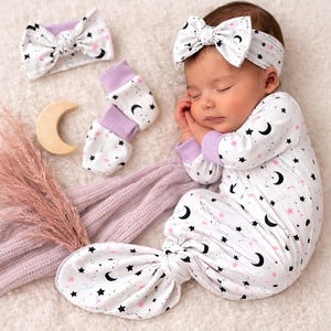 Celestial Baby Knot Gown Set: Moon & Stars Luxury  Cotton Newborn Outfit