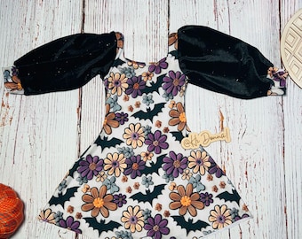 Pelele de murciélago floral de Halloween - Traje de otoño con mangas abullonadas para niña - Mono de temporada espeluznante para niña pequeña