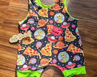 Alien Pizza Baby Romper: Handmade Space Outfit with UFO Print