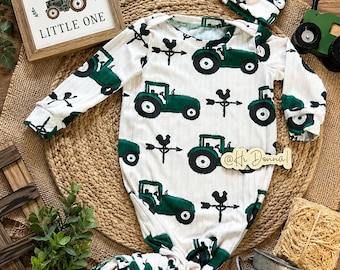 Farm Tractor Newborn Knotted Gown Set | Green Tractor Baby Gown & Hat | Country Baby Shower Gift | Farm Fresh Nursery Outfit