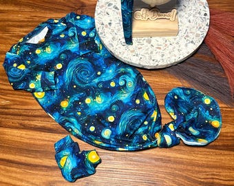 Starry Night Baby Outfit Set | Newborn Gown, Hat, and Bow | Soft Swaddle Set | Baby Shower Gift | Van Gogh Inspired Baby Clothes/ Twin Set