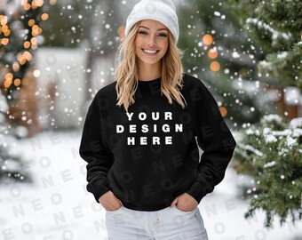 Gildan 18000 Christmas Mockup | Female | Black Sweatshirt Mockup | Holiday Sweatshirt Mockup | Mockup for Etsy Sellers