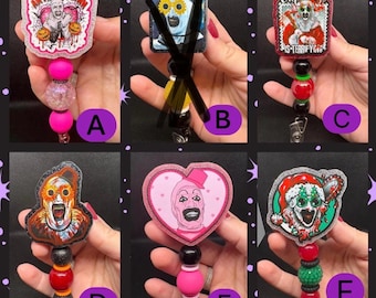 Horror movie killer clown inspired badge reels. This listing is for ONE badge reel of your choice.
