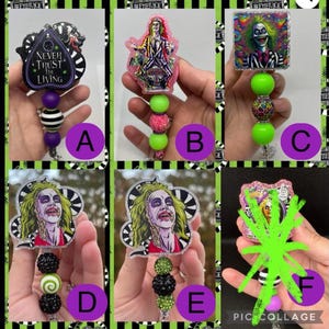 Beeltejuice inspired badge reels. This listing is for ONE badge reel of your choice that’s pictured.
