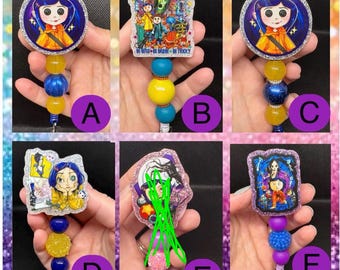 Button eyes girl inspired badge reels. This listing is for ONE badge reel of your choice.