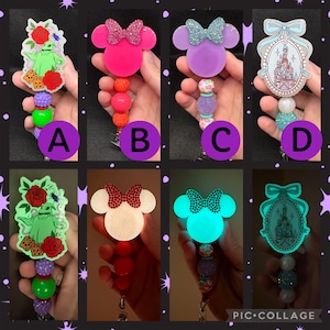 May include: A collage of four different badge reels. The reels feature various designs, including a green character with red roses, a pink Minnie Mouse head, a purple Minnie Mouse head, and a castle. Each reel has a beaded accent.
