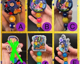 Coraline inspired badge reels. This listing is for ONE badge reel of your choice that’s pictured. Coraline, wybie, the other mother, cat
