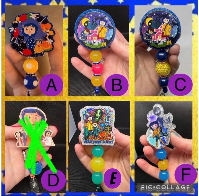 Coraline inspired badge reels. This listing is for ONE badge reel of your choice that’s pictured. Coraline, wybie, the other mother, cat image 1