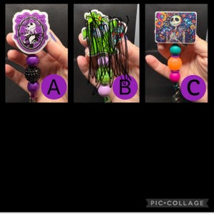 May include: Three Halloween-themed retractable badge holders. One features Jack Skellington, another has a colorful Day of the Dead design, and the third has a purple and black design. Each has a beaded accent.