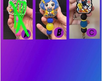 Coraline inspired badge reels. This listing is for ONE badge reel of your choice that’s pictured. Coraline, wybie, the other mother, cat