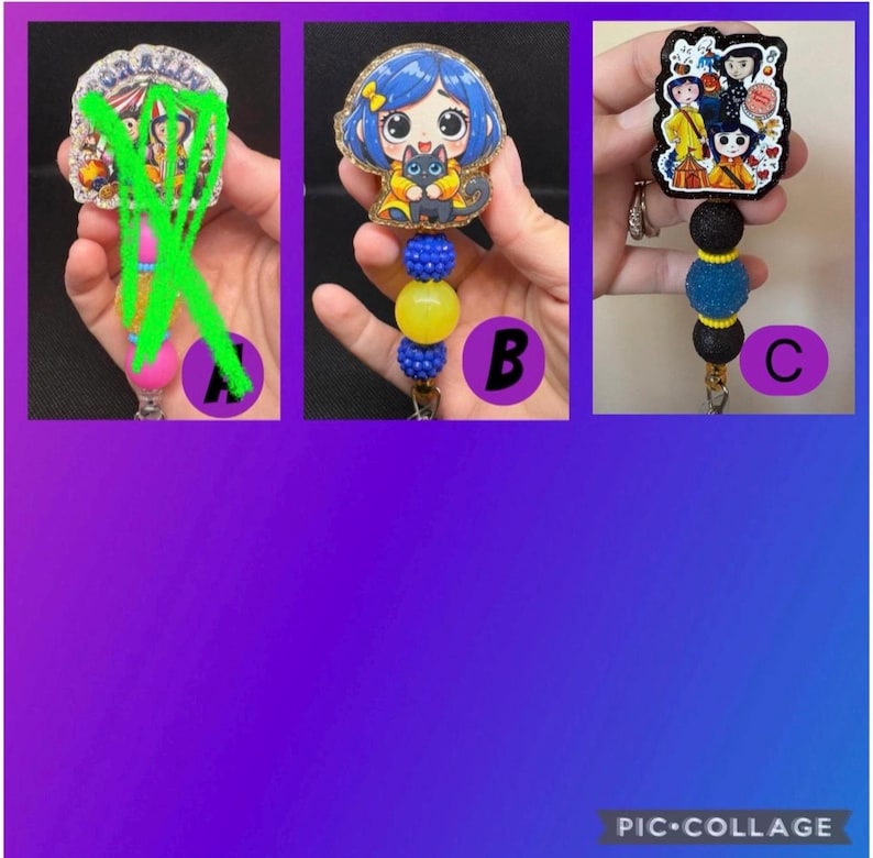 May include: Three badge reels featuring cartoon characters. One reel has a character with blue hair and a black cat, another has a group of characters, and the third has a character with a blue hair. Each reel has a beaded design.