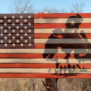 Wood American Flag with Soldier Burn 21&quot;x11&quot; Glossy Finish