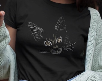 Lata katten mjuk t-shirt, handritad katt-t-shirt, söt djurt-t-shirt, kattälskare-present, grafisk t-shirt