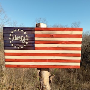 Wooden American Flag With Hand Painted Liberty Union - 15&quot; x 8&quot;