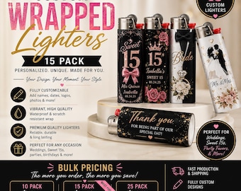 Può includere: Un set di quindici accendini personalizzati con vari design, inclusi temi Sweet 15 con fiocchi rosa e rose, un motivo smoking e sposa con anello di diamanti e un accendino nero con il testo dorato Thank you for being part of our special day.