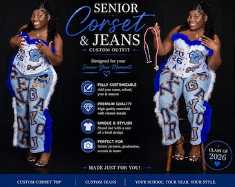 May include: A white corset top with blue fur trim and blue graphics featuring the text 2026 and GAHS, paired with light blue denim jeans featuring large gold and blue lettering spelling SENIOR, blue fur side trim, and a pink stethoscope.