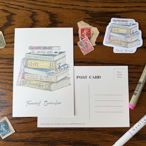 Feminist Curriculum Stack of Books Watercolor Painting Postcard