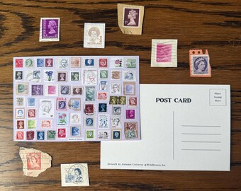 May include: A collection of vintage postage stamps scattered around a postcard featuring a collage of various stamps on a light purple background and a blank white postcard with the text POST CARD and Artwork by Autumn Universe @WildHearts.Art.