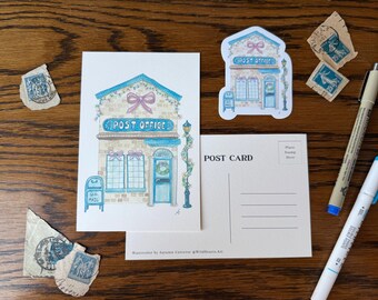 May include: Watercolor illustration of a post office with a blue roof, pink bow, and the text "POST OFFICE". Includes a postcard, sticker, and vintage stamps. Pens are also visible.