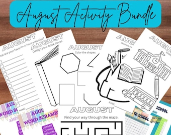 Hojas de actividades de agosto, paquete de hojas de trabajo, descarga digital imprimible para el regreso a clases, búsqueda de palabras para maestros, colorear y mezclar.