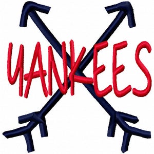 May include: A red embroidered design of the word "YANKEES" with two navy blue arrows crossing behind the word.