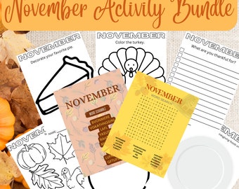 Hojas de actividades de noviembre, paquete de hojas de trabajo, imprimibles, descarga digital para niños, escuela, aula, maestro, búsqueda de palabras, revoltijo, colorear