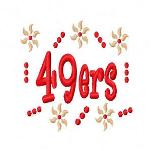 May include: Red embroidered design with the text "49ers" surrounded by small red dots and beige flower-like shapes.