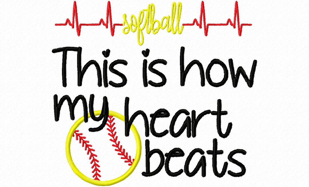 Softball Heart Beat Machine Embroidery Design Instant Download 4x4 5x7
