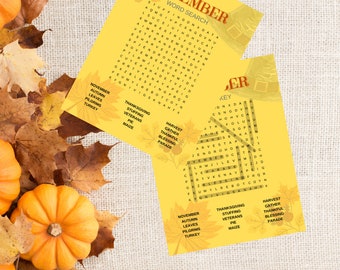 Descarga digital de búsqueda de palabras de noviembre para actividades de fiesta en el aula de vacaciones para niños imprimibles