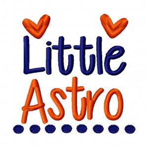 May include: Embroidered design with the text "Little Astro" in orange and blue. Two orange hearts are above the text. A row of blue circles are below the text.