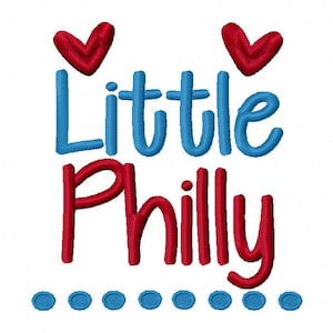 May include: Embroidered design with the text "Little Philly" in red and blue lettering. Two red hearts are above the text and a row of blue circles are below the text.