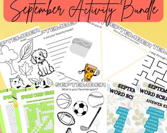 Hojas de actividades de septiembre, paquete de hojas de trabajo, descarga digital imprimible para el regreso a clases, búsqueda de palabras para maestros, colorear y mezclar.