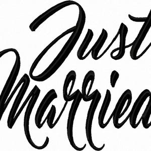 May include: Black and white graphic design with the text "Just Married" in a stylized script font.