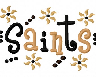 May include: Black and gold embroidery design with the word "Saints" in a stylized font. The design is surrounded by small black dots and gold starbursts.