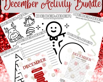 Hojas de actividades de diciembre, paquete de hojas de trabajo, descarga digital imprimible para niños, escuela, aula, maestro, búsqueda de palabras, revoltijo, colorear